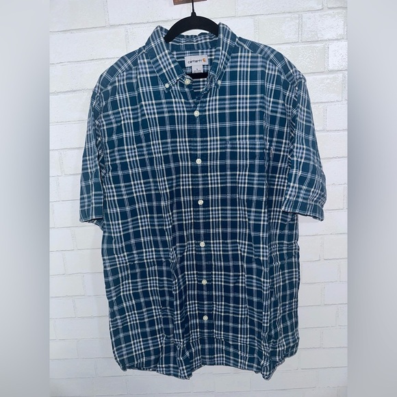 Carhartt Blue Plaid Short-Sleeve Button-Up – Men’s Size Large #0481 - Picture 1 of 10
